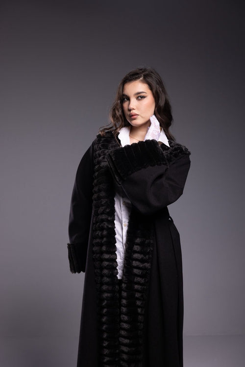 Black Wool Coat with Premium Fur Details