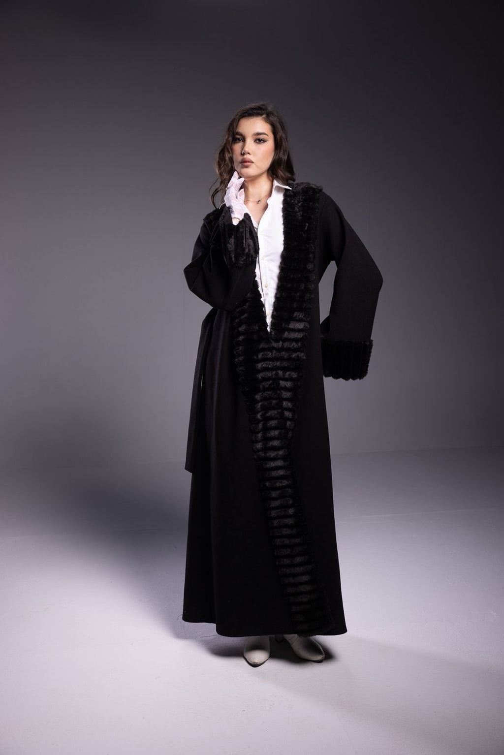 Black Wool Coat with Premium Fur Details