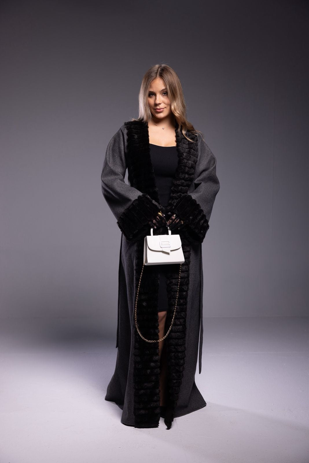 Charcoal Wool Coat with Black Fur Details